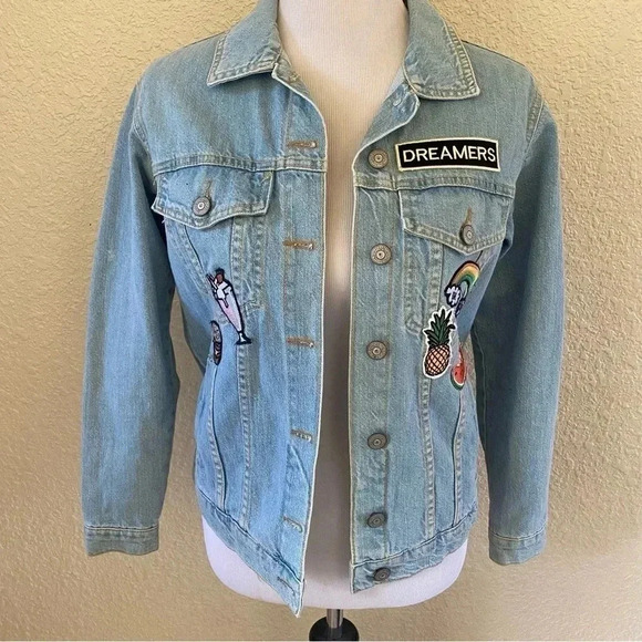 Bershka Denim Jean Jacket Vintage Inspired Style Patches Cactus Watermelon: XS - Picture 2 of 12